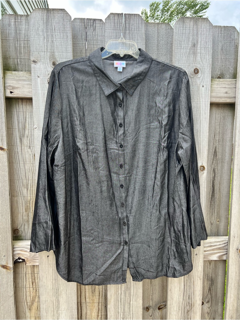 LuLaRoe Valentina Shimmery Black Collared Button Shirt Oversized Roll Sleeve New
